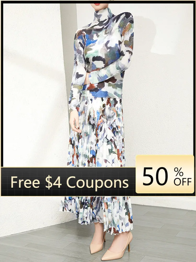 

Miyake pleated high fashion suit women's spring and autumn high-neck long-sleeved top design sense female niche graffiti skirt