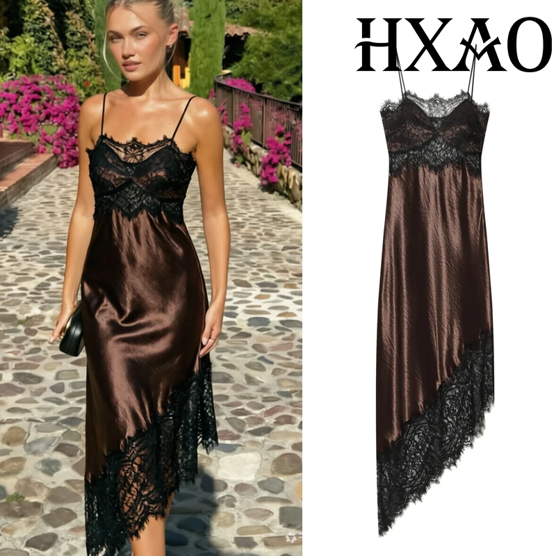 HXAO Braunes Spitzenkleid für Damen, Sommer, asymmetrisches Satin-Abendkleid, sexy rückenfreies grünes Slip-Kleid, ärmellose Partykleider