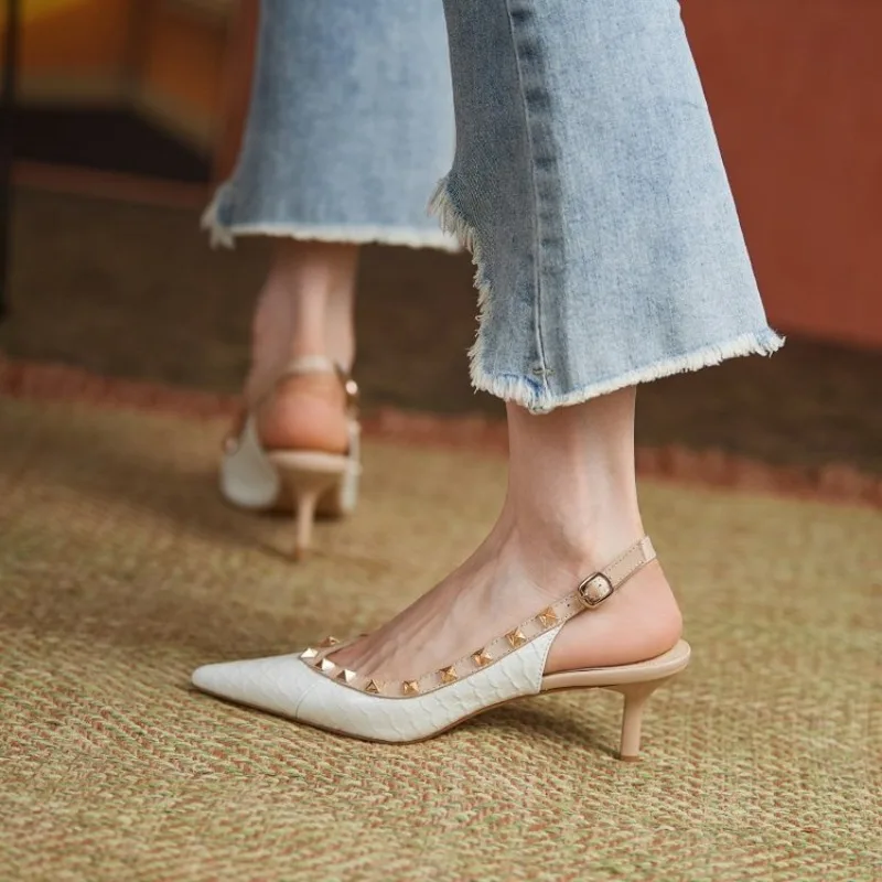 Sexy Rivets Pointed Toe Slingbacks Patent Leather Mid Heels Pumps Women Sandals Blue Snakeskin Pattern Slip on Sandalias Mujer 6