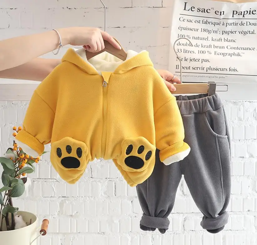 

Toddler Baby boy winter Clothes fashion fleece Thickened cute hooded zipper coat and pants 2pcs kids outfits children clothing