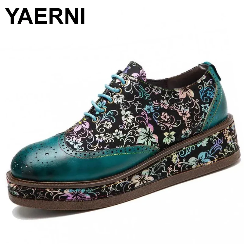 

4cm Fashion Woman Lace Up Flats Walking Females Shoes New Ethnic Style Sheepskin Leather Autumn Spring Ladies Plus Size