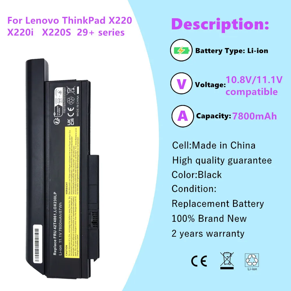 6-Cell 4400mAh Li-Ion Battery For Lenovo ThinkPad X220, X220i, X230, X230i (42T4861, 42T4901, 45N1019) - 11.1V, 5 Year Warranty