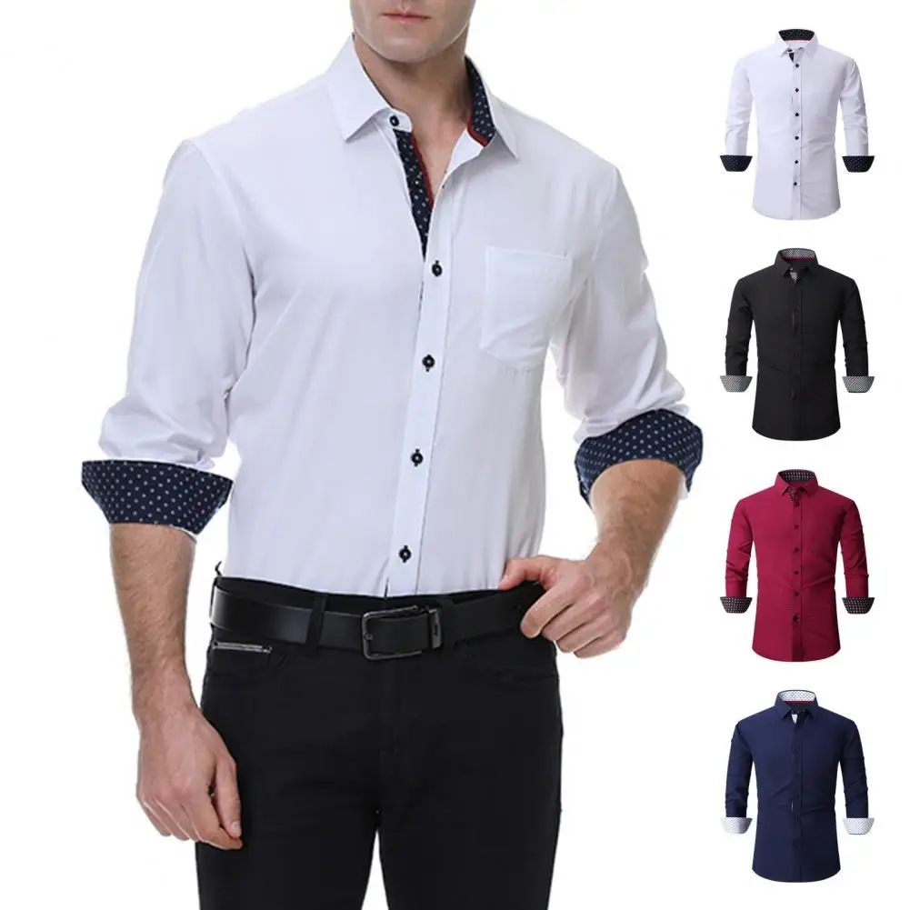 

Men Solid Color Shirt Business Shirt Men's Formal Business Style Slim Fit Shirt with Single-breasted Lapel Long Sleeve for Fall