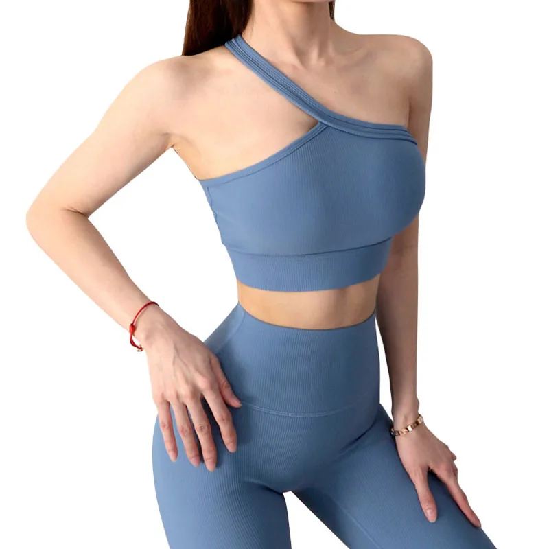 Reggiseno Da Corsa Monospalla Elasticizzato A Costine Elasticizzato Da Donna Set Completo Da Yoga Sexy Per Ragazze In Tinta Unita