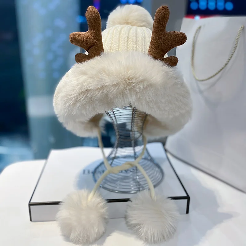 

Christmas Hat Women's Winter Plush Thickened Plush Ear Protection Lei Feng Hat Women's Cute Deer Horn Knitted Woolen Hat