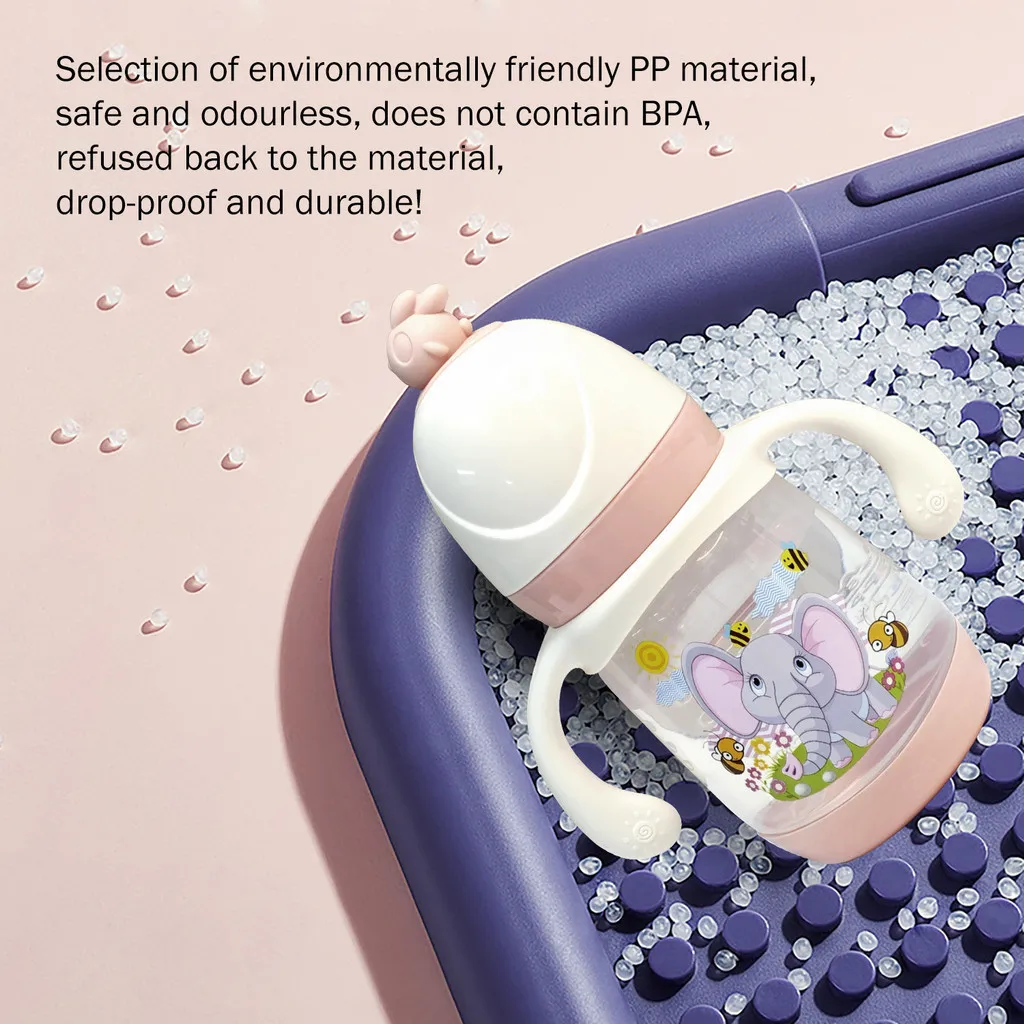 240ml Cartoon Chicken Baby Bottle with Dual Handles and Scale Line, Includes Cute Dust-proof Cover