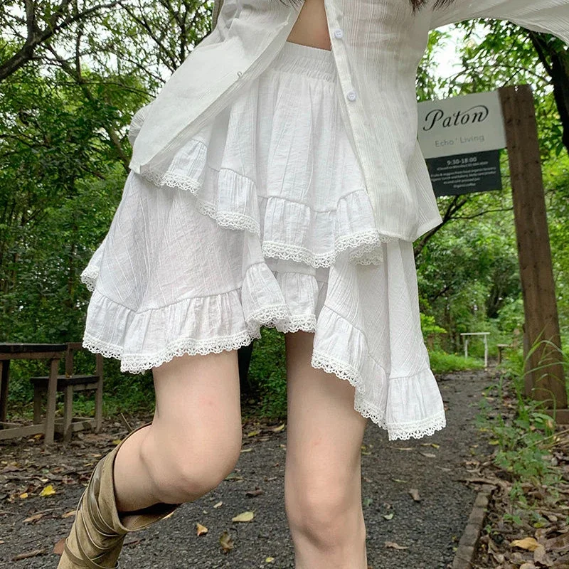 

HOUZHOU Ruffles Kawaii White Women Mini Skirt Japanese Style Irregular Sweet Lace Patchwork Elegant Casual Black Short Skirts