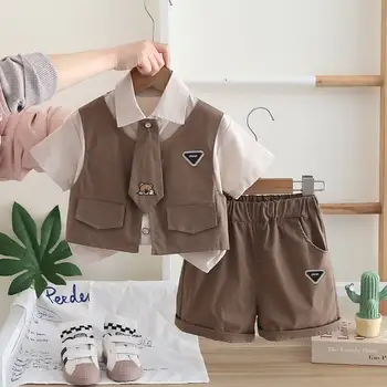 Set di Abbigliamento Estivo per Bambini e Neonati, Completo da Gentiluomo con Cravatta, Gilet e T-Shirt, 2 Pezzi