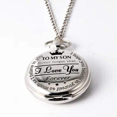 

Luxury To My Son I Love You Carving Quartz Pocket Watch for Son Boys Engraved Case Fob Chain Clock for Children Birthday Gifts