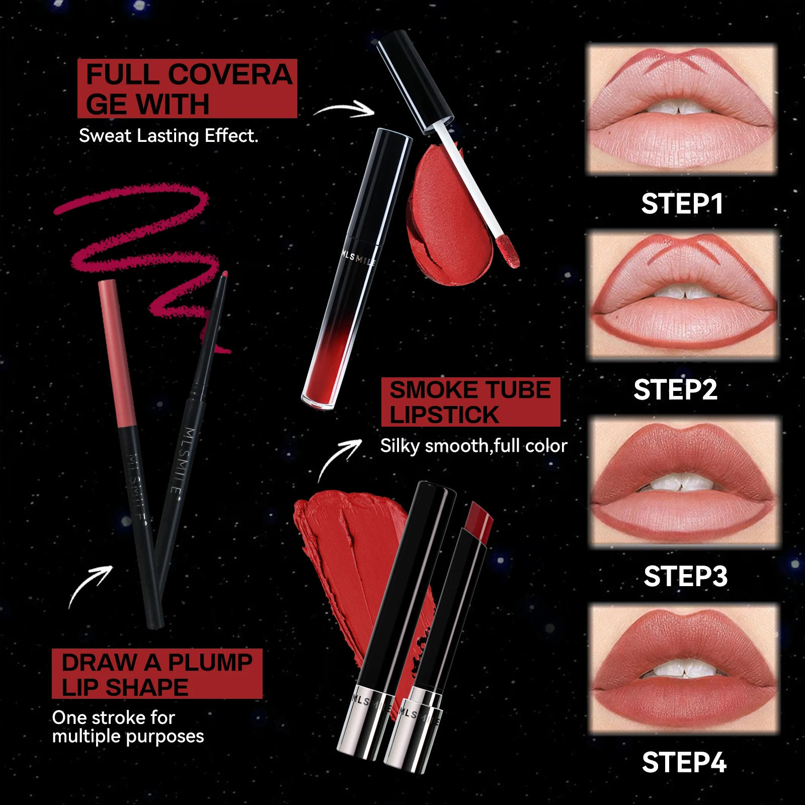 MLSMILE silver premium lip glaze gift set non-stick lip glaze lipstick liner 5pcs moisturizing natural waterproof enhance