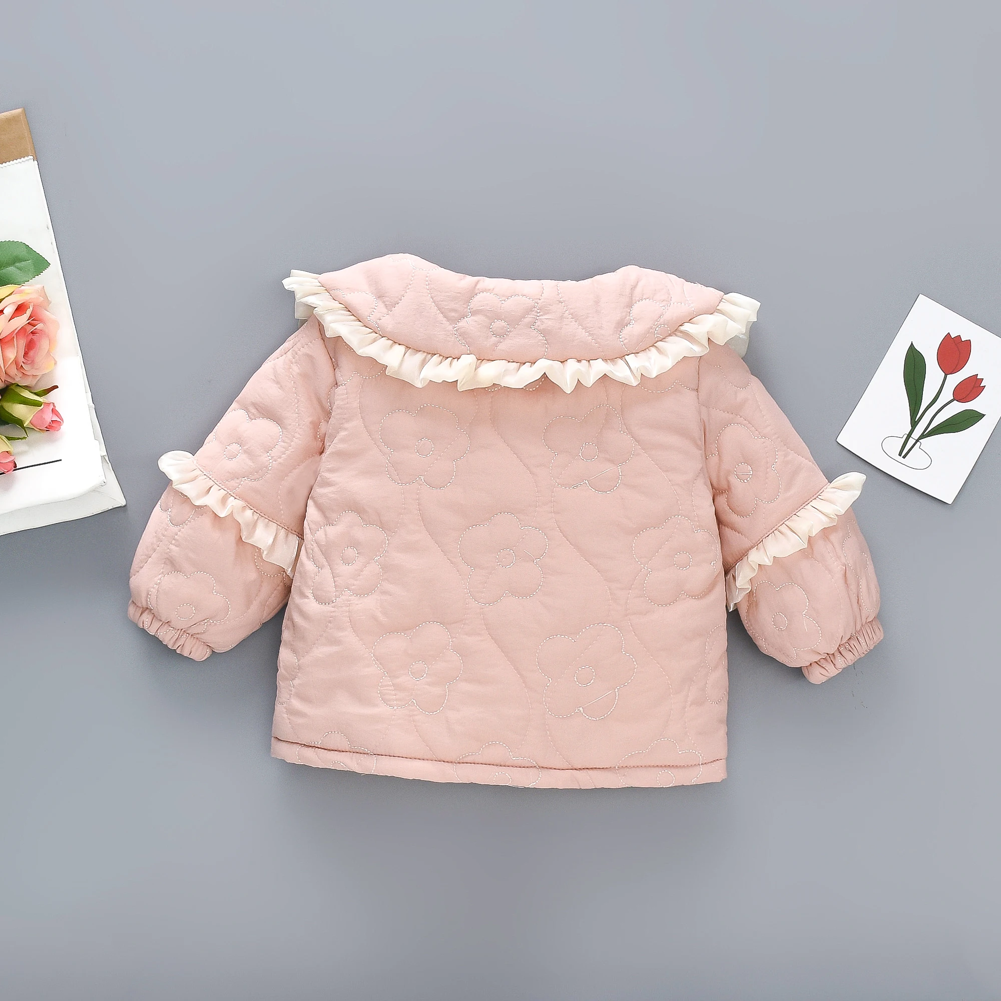 Autumn and Winter New Girls' Folded Edge Large Turnover Collar Cotton Coat for Children's Flower Yarn Plush Cotton Clothes