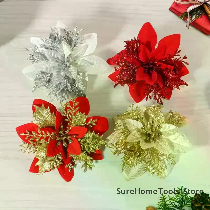 5Pcs Glitter Artifical Flowers 14CM Fake Flowers Christmas Decoration Xmas Tree Ornament New Year Navidad 2026 Gift Accessory