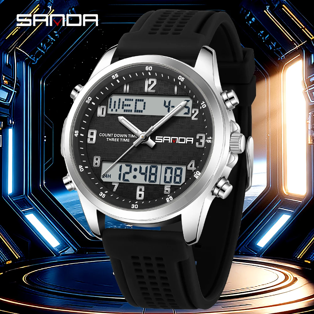 Montre à double affichage 2026 pour homme, double mouvement, multifonctionnelle, minuterie, veilleuse, réveil, étanche 5ATM