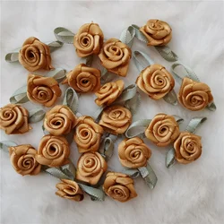Set of 100 Mini Handmade Satin Ribbon Rose Appliques for Wedding Décor and Crafts (Dark Gold)
