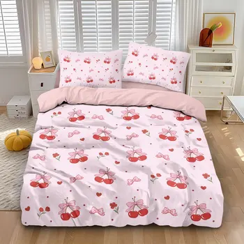 3pcs Pink Sweet Bow Cherry Print Coreless Duvet Cover Set, Multi Size Bedroom Bedding Decoration, Machine Washable 1