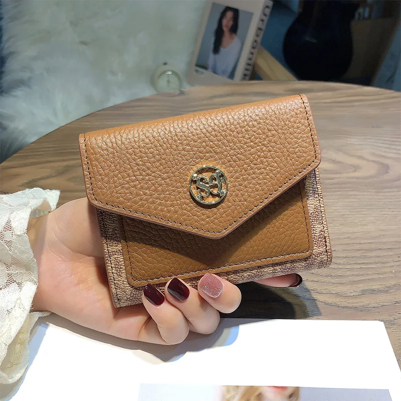 Two-tone Short Wallets Women Genuine Leather Wallets Original Design Cowhide Billfold Fashion Letter Printing Purse Box