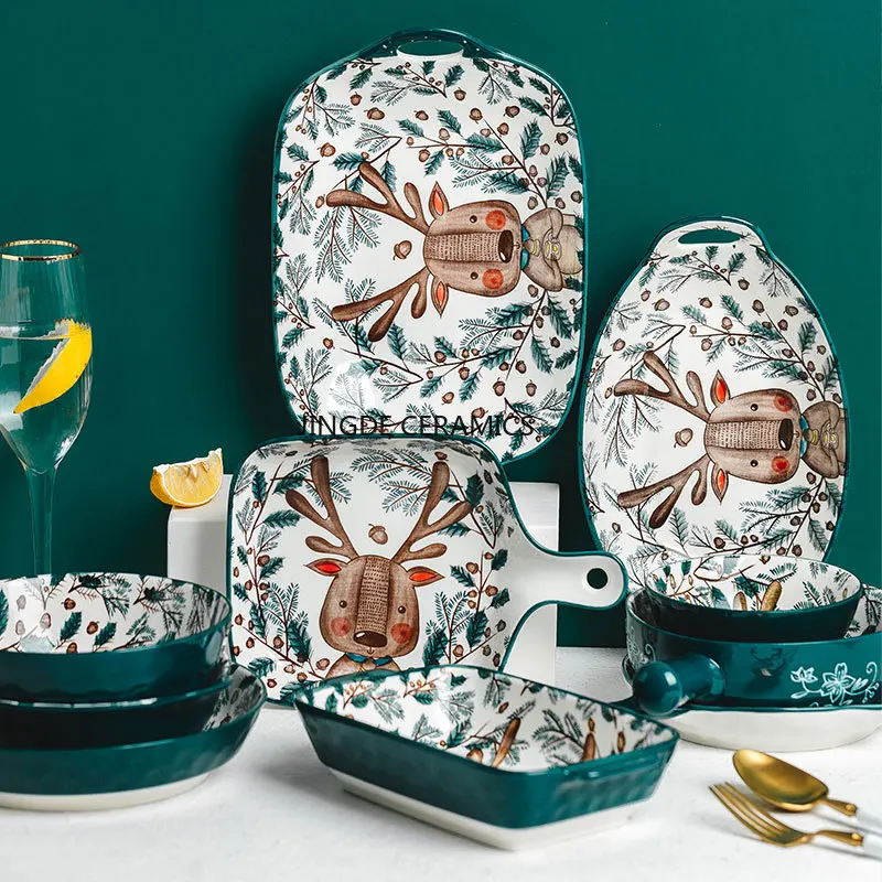 Ceramic Sika Deer Pattern Cute Bowl Soup/ Rice / Salad / Japanese Bowl  Dish  Noodles Dish Household  Kitchen Supplies