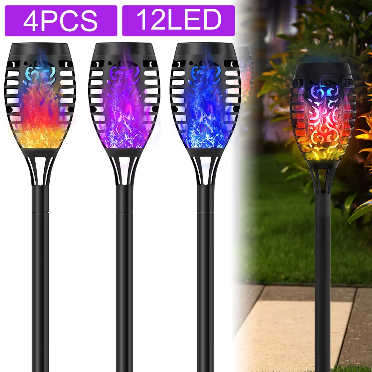

4pcs Solar Outdoor Torch Light 12LEDs Solar Flame Lights IP65 Waterproof Solar Flame Lights Dusk to Dawn Auto On/Off Landscape