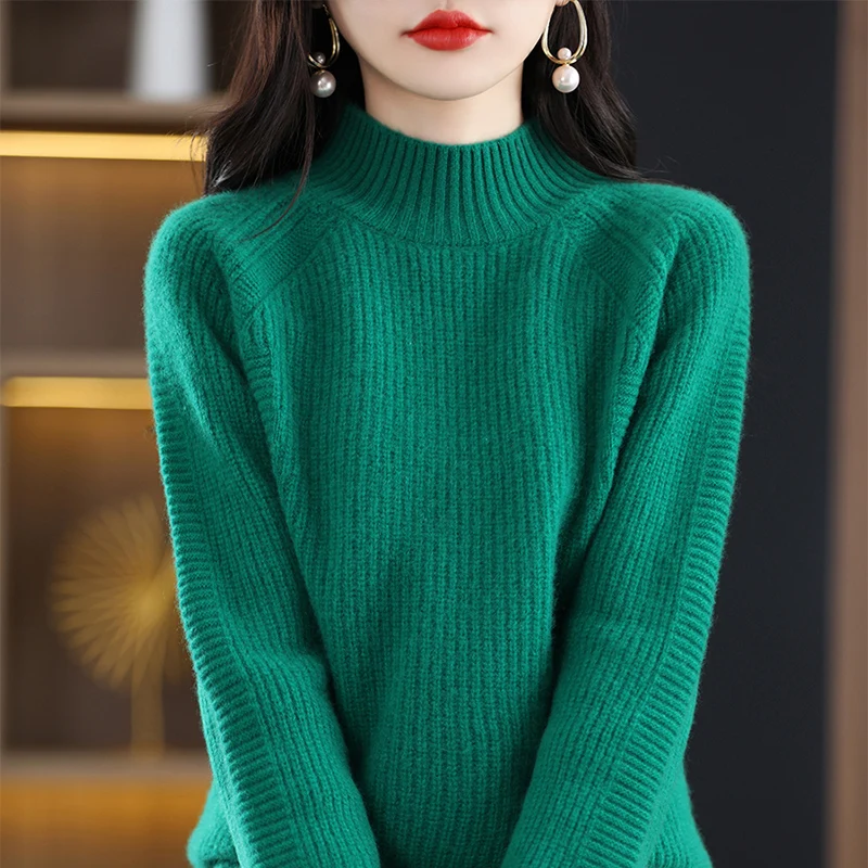 

2023 Autumn and Winter New Women's Sweater 100% Wool Cashmere Half High Neck Knitted Pullover Korean Fashion Soft Women's Top
