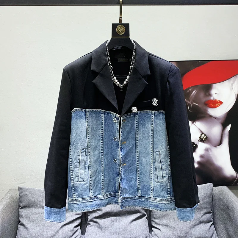 

2023 Trendy Design Denim Patchwork Suit Coat Men's Spring Fashion Blazer Elegant Casual Loose Jackets High Quality Original