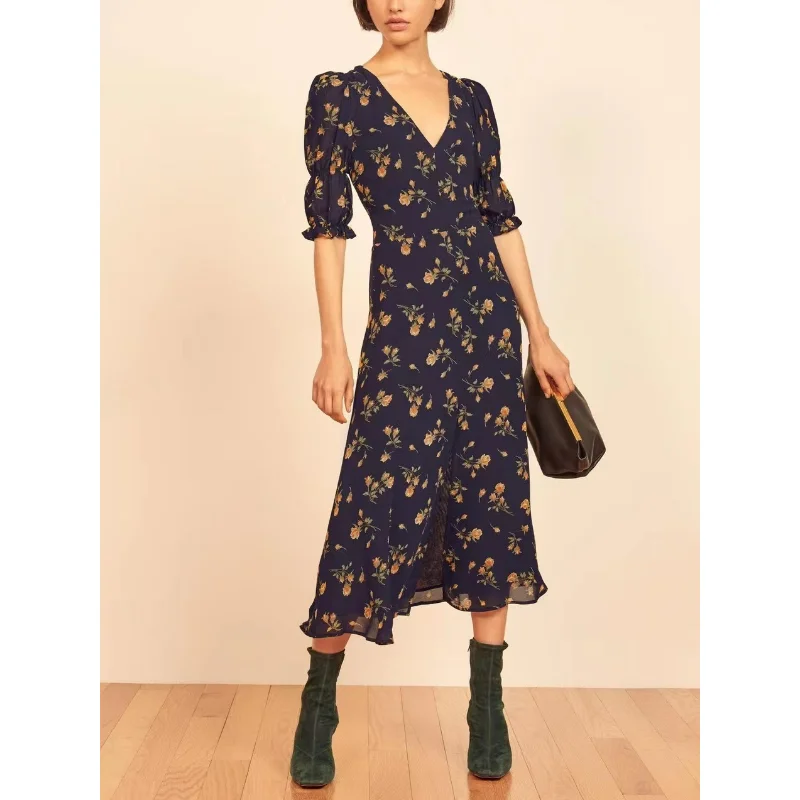 

2023 Summer New Arrivals Top Quality Beach Style Floral Print V-Neck Sheer Lantern Sleeve Women Midi Dress for Holiday