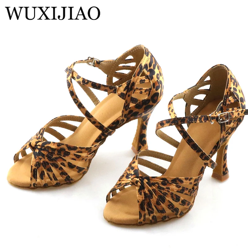 WUXIJIAO Classic Knotting Latin Dance Shoes English Leopard Satin Dance Shoes Sasha Tango Dance Shoes