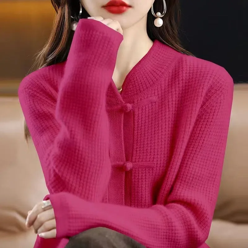 Vintage Knitted Cardigan Women's Thickened Half High Collar frog Loose Slim Sweater Coat Chinese Style Top Autumn And Winter N