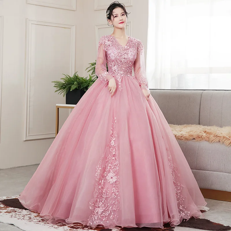 Bean Paste Pink Long Sleeves Quinceanera Dresses 15 Party Fashion V-Neck Floral Applique Princess Birthday Party Gowns Vestidos