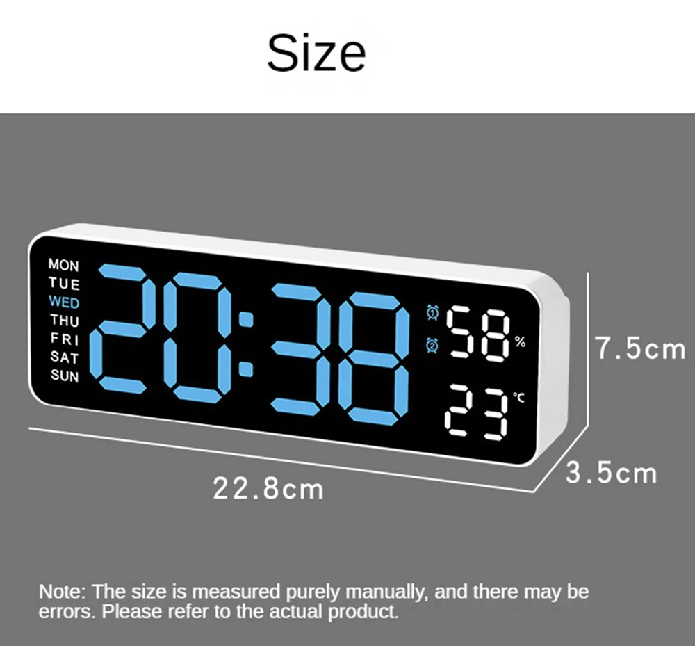 Digital Wall Clock Large Digital Wall Clock Temperature and Humidity Week Display Brightness Adjustable Electronic LED Table Alarm Clock 12/24H