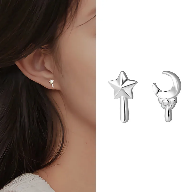 

100% 925 Sterling Silver Star Earrings for Woman Girl Fashion Simple Moon Asymmetric Design Jewelry Party Gift Dropshipping