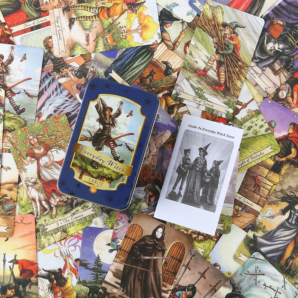 매일 마녀 타로 카드 골드 에지 오라클 데크 78 개 카드, 주석 금속 상자, 파티 개인 엔터테인먼트, 여성 소녀 카드 게임