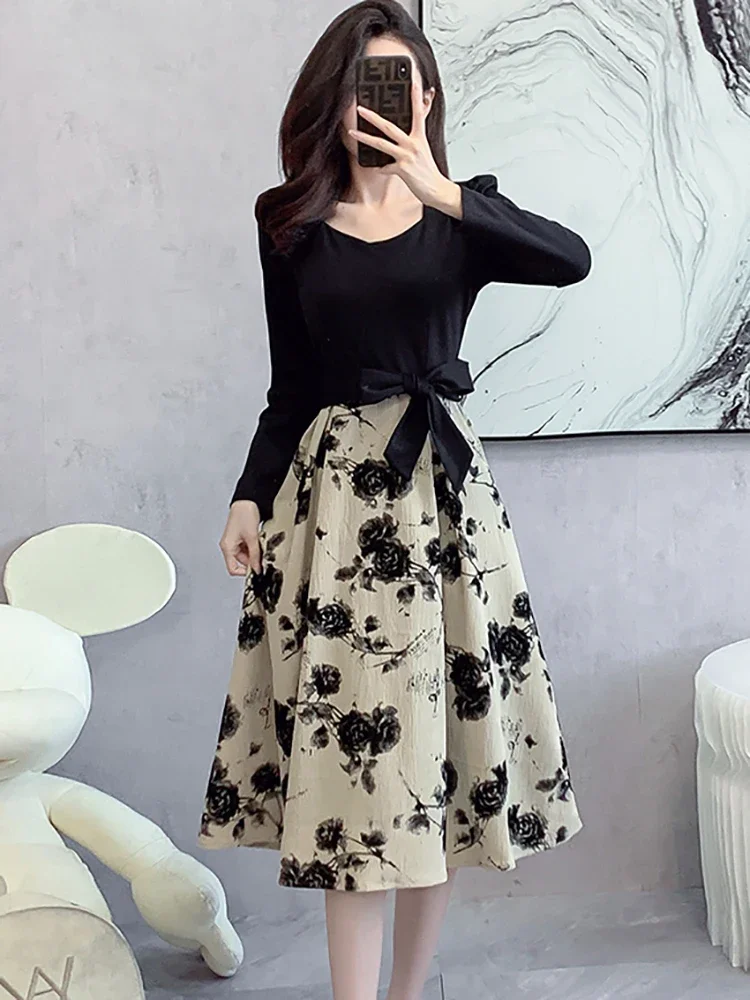 

Black Patchwork Floral Elegant Bow Bandage Dress for Women Autumn Winter Korean Vintage Party Vestidos 2024 Fashion Prom Dresses