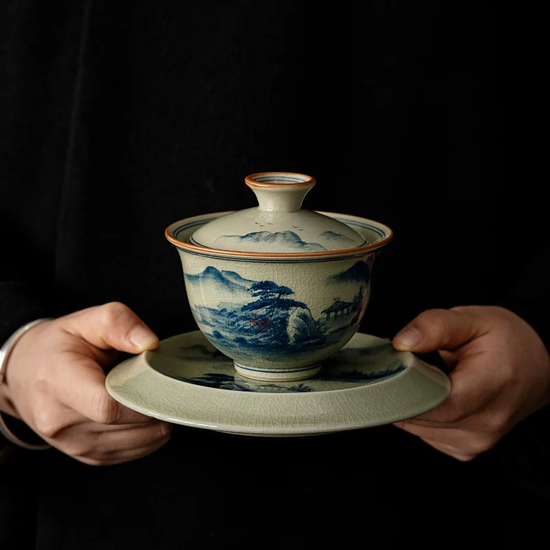 Hand Painted Ceramic Opening Landscape Gaiwan For Tea Tureen Teaware Cup Chinese Tea Bowls Vintage Chawan Ceramony Set