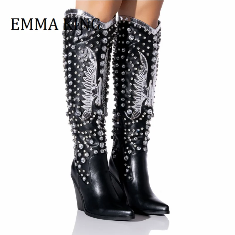 Rhinestone Wedge Heels Botines Rhinestone Knee High Boots Women's