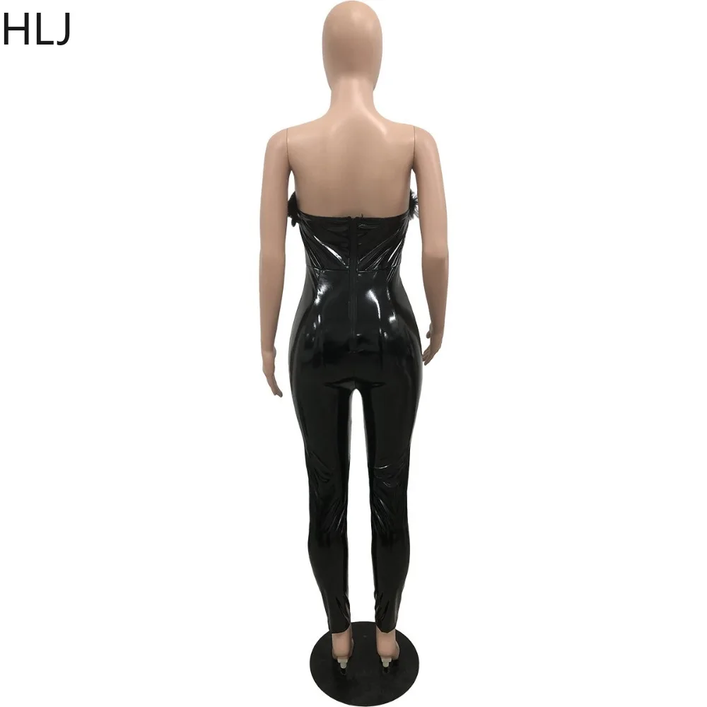 HLJ Spring New PU Leather Feather Tassels Bodycon Jumpsuits Women Off Shoulder Sleeveless Backless Slim Playsuits Female Overall