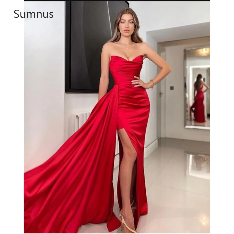 

Sumnus Red High Slit Prom Dresses Modern Mermaid Stain 2022 Simple Pleat Backless Strapless De Soirée Robes Evening Dresse