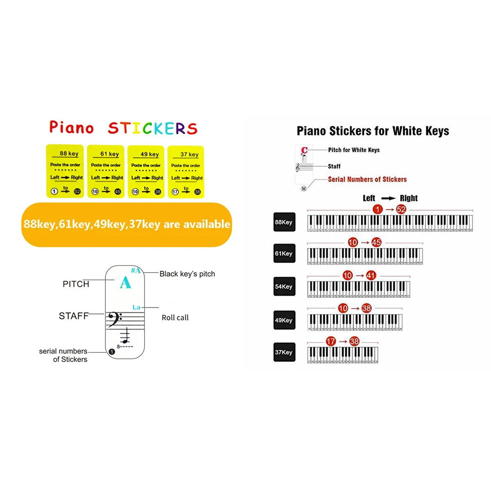 Transparent Colorful Pianos Keyboards Stickers Notes 15.5x40mm For 88/61/49/37 Keys Beginners Musical Instrument DIY Decoraction piano keyboard stickers