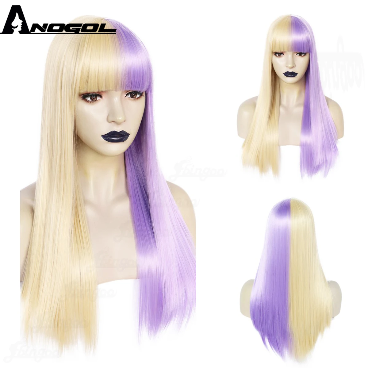 Anogol Synthetic Hair Long Straight Half Blonde Purple Colorful Wigs With Bangs Full Machine Made Cosplay Wig shine ombre blonde wig with bangs full machine made synthetic body wave wig heat temperature fiber wig 30 inch none lace wig