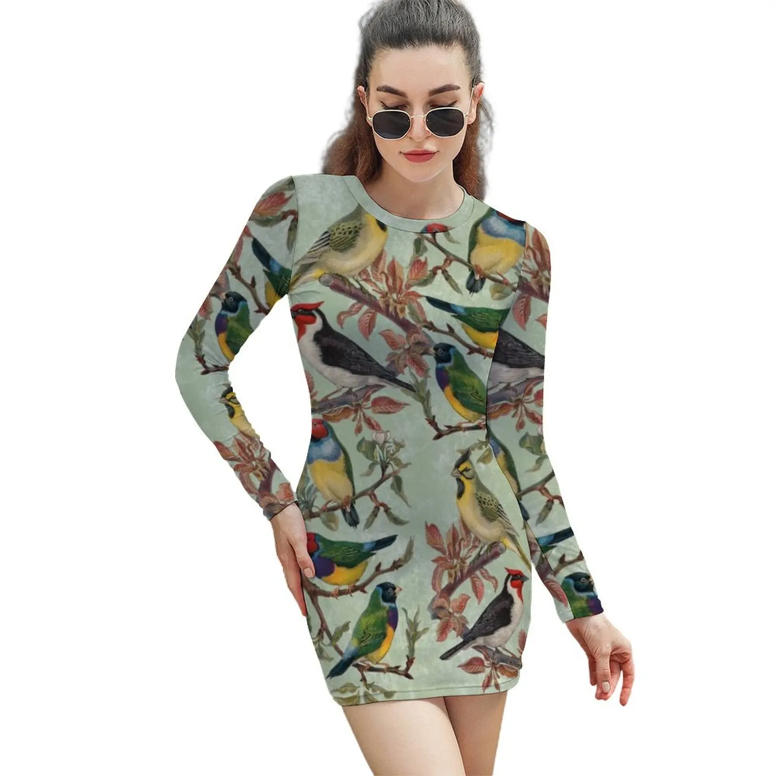 

Vintage Birds Long-Sleeved Sheath Dress women long dresses Clothing Evening gown women formal occasion dresses