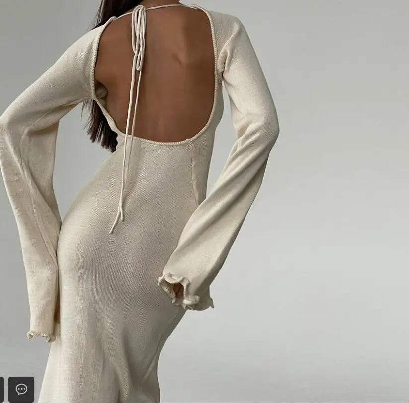 

Elegant Knitted Sweater Maxi Dress Outfits for Women Flare Sleeve Sexy Backless Dresses Edible Tree Fungus Clothes