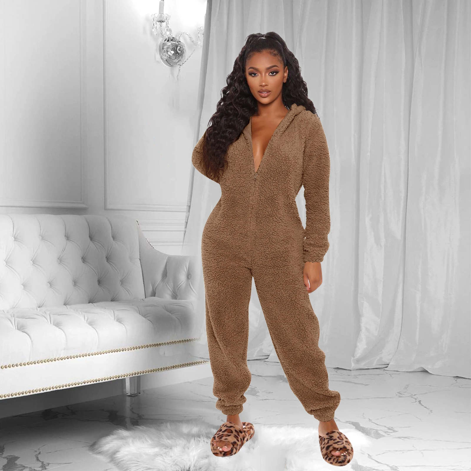 Women Winter Warm Thermal Fleece Sleep Jumpsuit Long Sleeve Solid Color Zip Up Hooded Pajama Lady Plush Home Wear Clothes