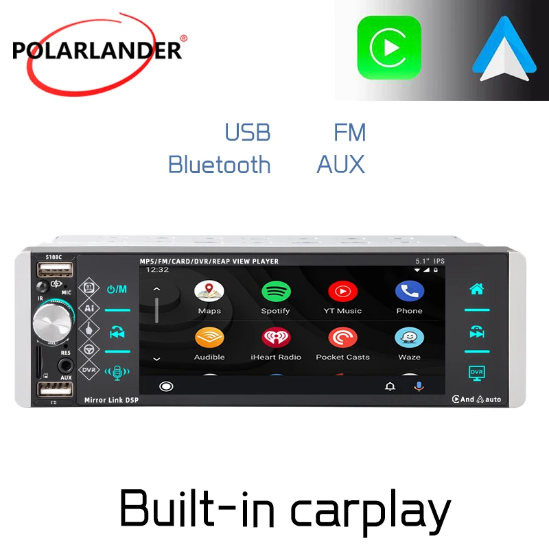 

PolarLander 1 Din Mirrorlink сенсорный экран Carplay/Android Авто 4-USB FM MP4 MP5 5,1 дюймов Bluetooth Автомобильный мультимедийный плеер