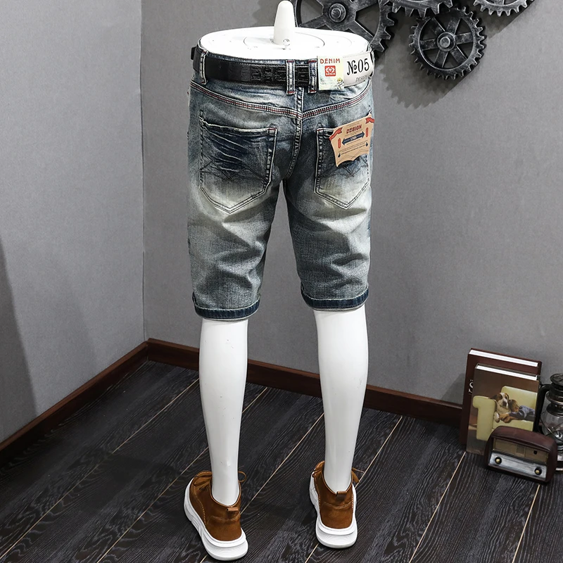 Summer Retro Denim Shorts Men's Slim Fit Oblique Pocket Korean StyleinsPersonality Nostalgic Street Trend Shorts