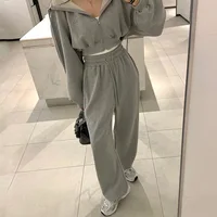 Survêtement à capuche pour femmes, sweat-shirt court à manches longues, vestes avec pantalon de sport à taille, ensemble 2 pièces, combinaisons de Fitness, automne 5