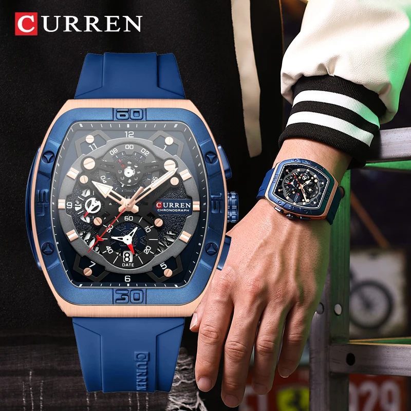 

CURREN Luxury Tonneau Luminous Hands Silicone Straps Watches Man Fashion Multifunctional Curved Mirror Sport Quartz Men's Watch