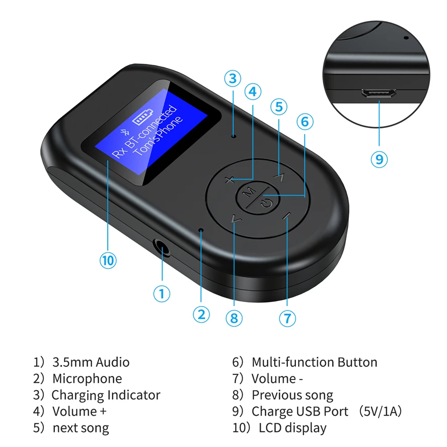 Bluetooth 5.0 Audio Transmitter Receiver 3.5mm Jack AUX Wireless Audio Adapter LCD Display Mic for TV Speaker Car Stereo