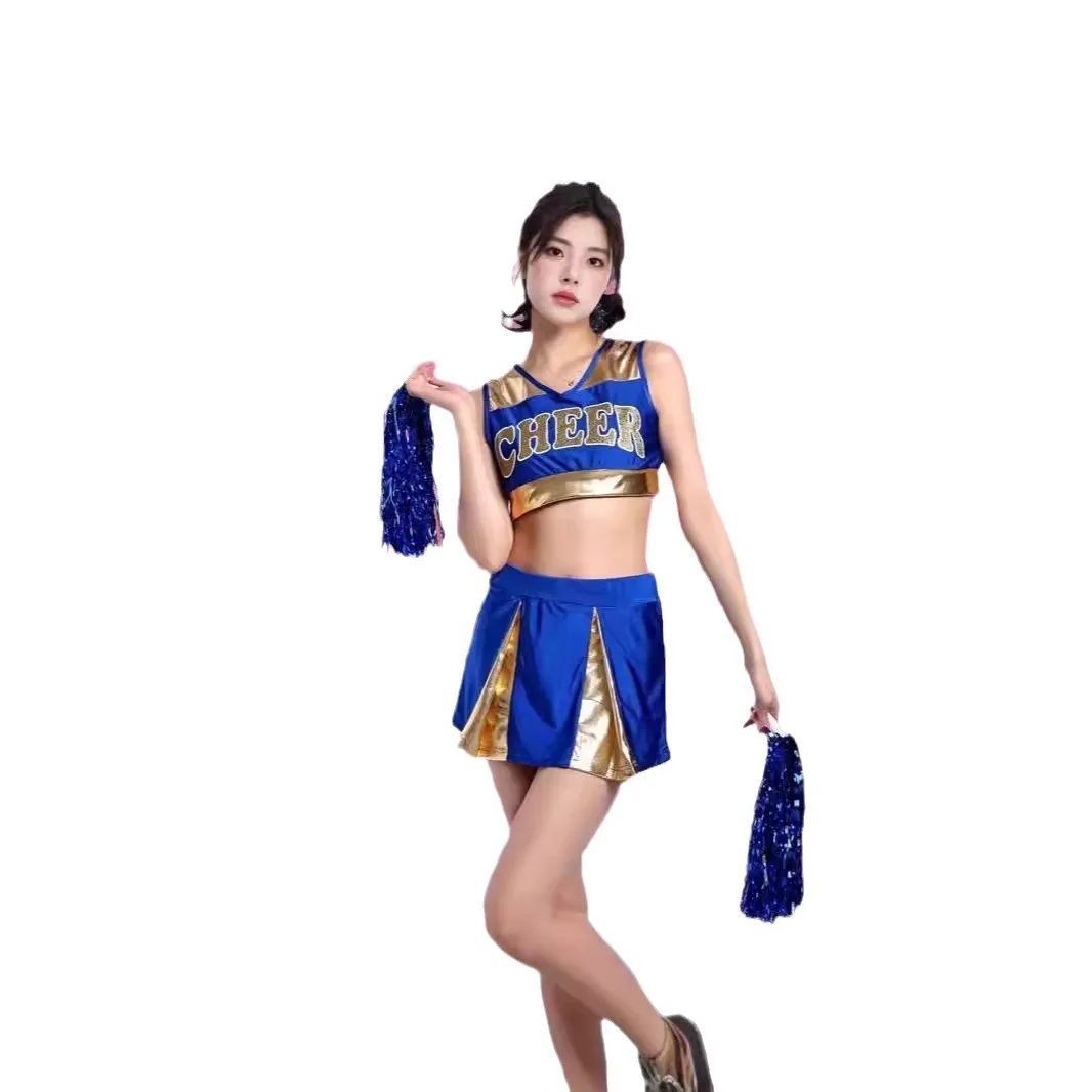 Cheerleading Costume V-neck Sleeveless Waist Revealing Top High Waisted A-line Short Skirt Color Blocked Performance Suit Set