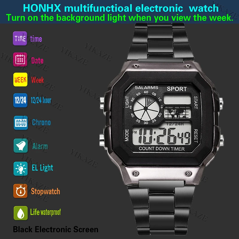 YIKAZE Digital Watch Men's Watch Stainless Steel Strap Countdown Sport Watches Waterproof Led Electronic Wristwatch for Men Gift 3