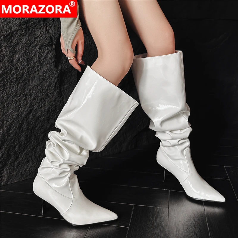 

MORAZORA Plus Size 34-42 New Women Boots Fashion Pointed Toe Stiletto High Heels Over The Knee High Boots Pleated Thigh Booties