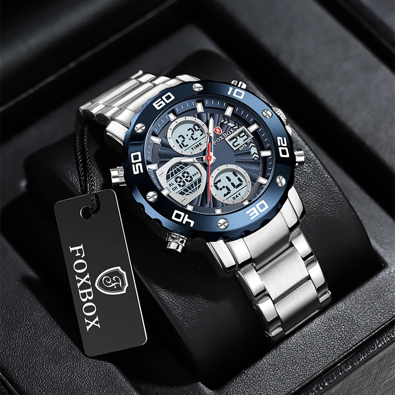 LIGE 2024 New Fashionable Style Dual Time Display LCD Digital Analog Quartz Mens Watches Luminous Water Resistant Man Wristwatch